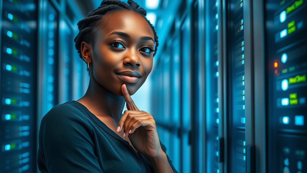 Young African woman analyzing data networks in a high-tech data center