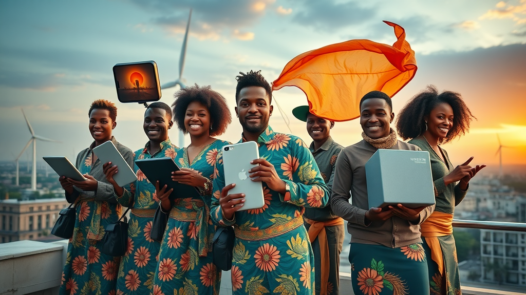 Technology trends Africa: African innovators holding renewable energy devices and gadgets with city skyline
