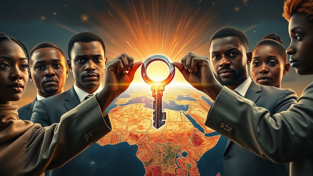 AI impact on African economy: African leaders and youth unveiling digital key over stylized continent