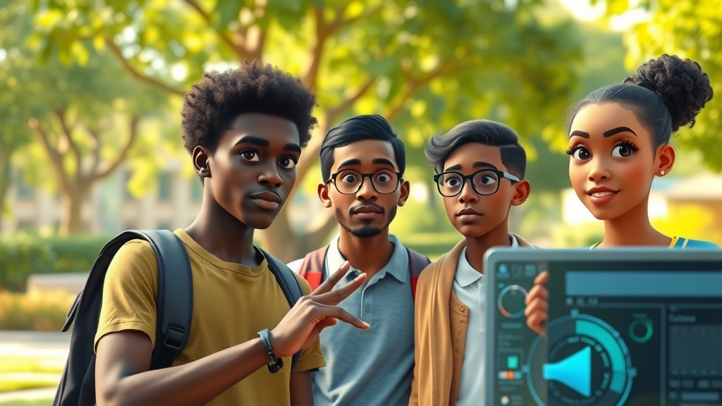 Inquisitive African students evaluating a digital machine learning demonstration on a sunny campus representing machine learning Africa