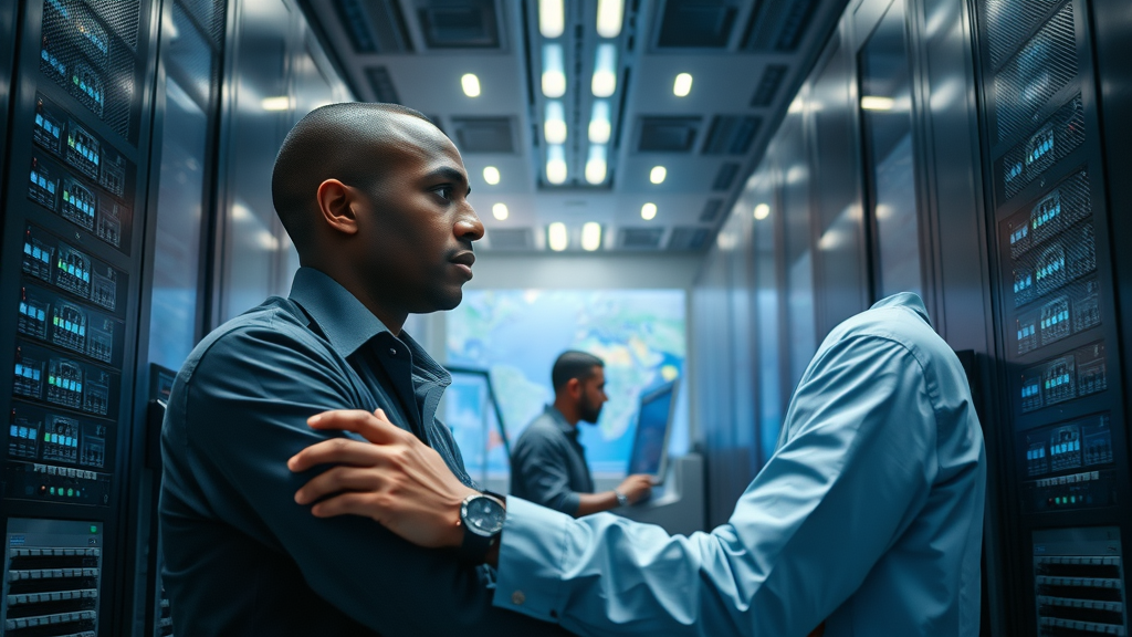 Cutting-edge African data center engineers maintaining servers, symbolizing data infrastructure critical for the future of AI in Africa
