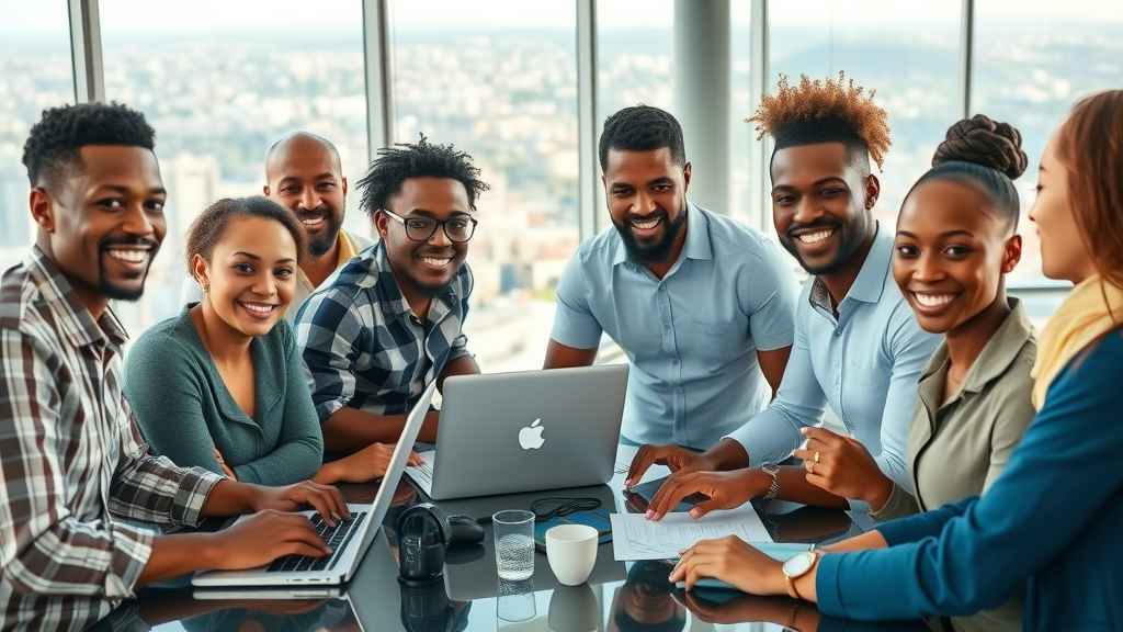 Diverse African AI Startup Founders Collaborating in a Modern African City Office – African AI Startups
