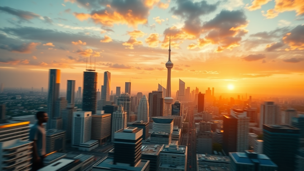 AI innovation in Africa depicted by vibrant urban skyline and young entrepreneurs