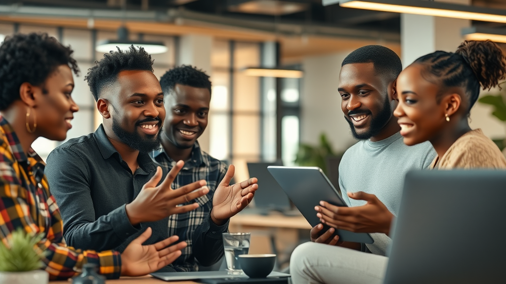 Young African developers collaborating enthusiastically on AI projects
