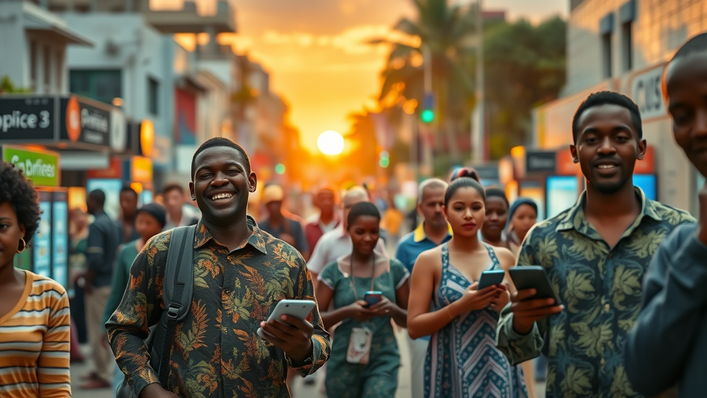 AI-driven development Africa vibrant cityscape with citizens engaging with digital devices on busy streets, smart technology kiosks, sunrise, high fidelity, harmonious urban progress, natural earthy tones with tech blues and greens, golden hour lighting.