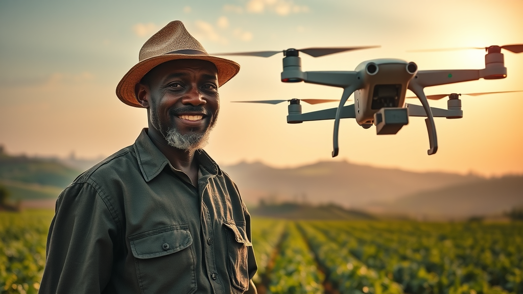 AI research Africa 2025 - African farmer using AI-powered drones and technology on a lush smart field