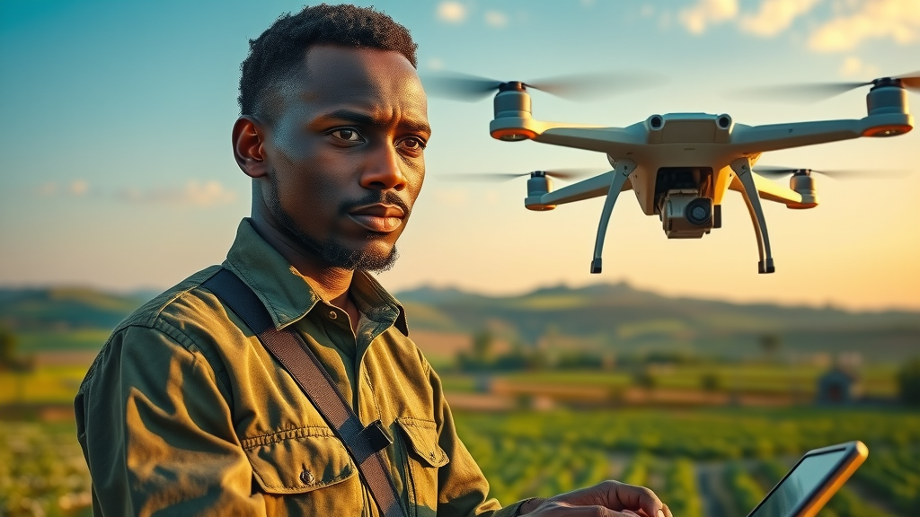 technology innovation Africa African engineer operating solar-powered drone over green farmfields, innovation for sustainable future