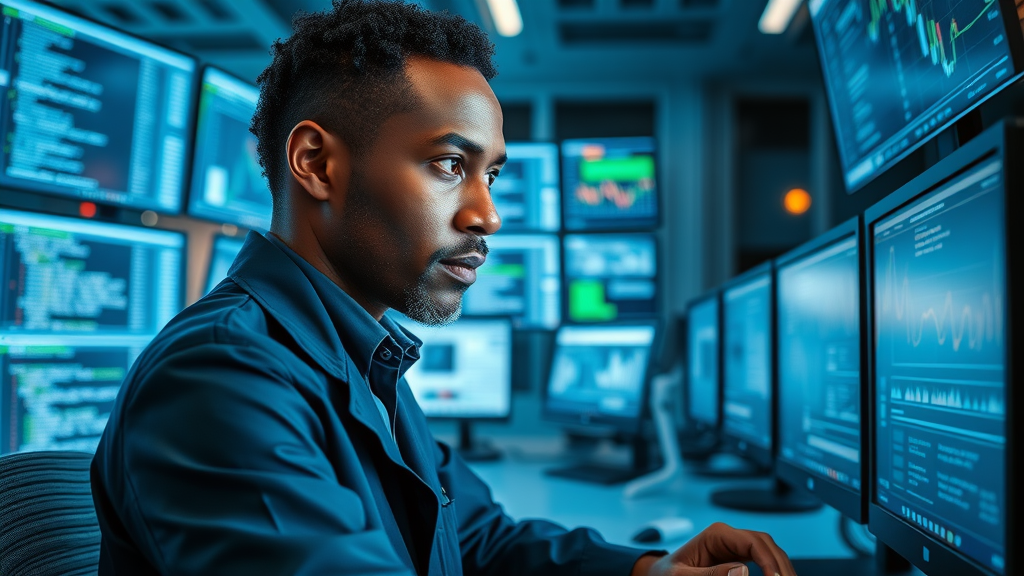 Artificial intelligence AI research Africa: African data scientist analyzing data streams re technology trends Africa
