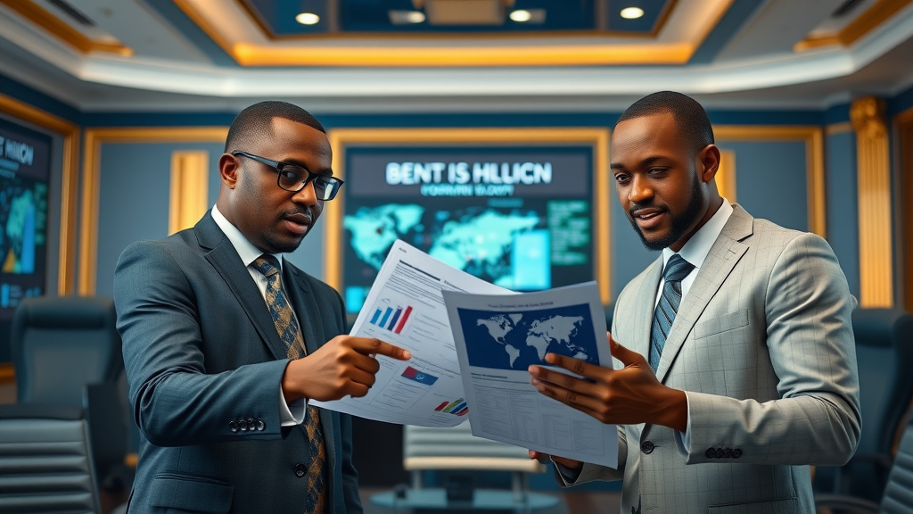 forward-thinking African government officials, reviewing AI policy documents, conference room with IT and AI visuals, AI innovation in Africa, digital dashboards, governmental blue and gold, 35mm lens