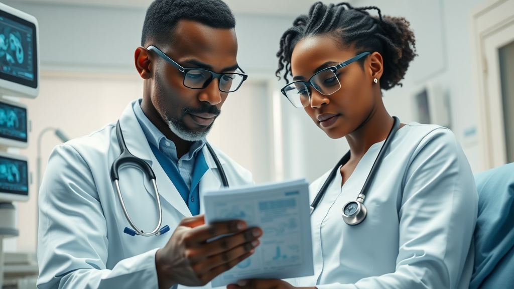 African doctor reviewing AI-driven diagnostic results in modern hospital, caring interaction, high-tech equipment, AI in healthcare in Africa, digital blue lighting, supportive environment.