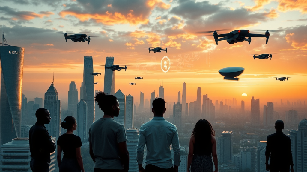 Futuristic African city skyline, thriving AI tech hubs, entrepreneurs and engineers with AI robots and drones