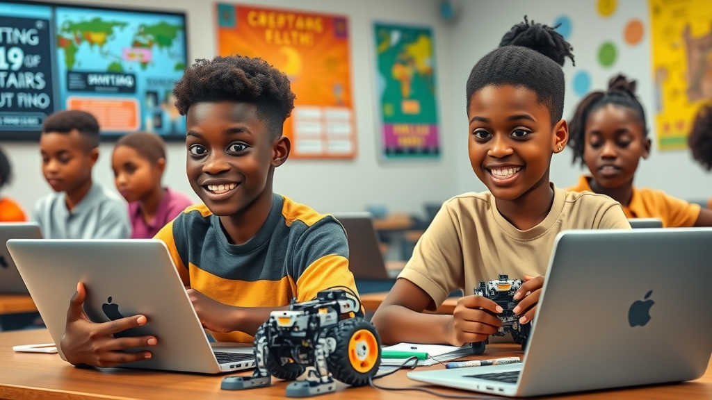 technology innovation Africa inspirational African students in high-tech classroom using laptops, robotics, and interactive STEM learning tools