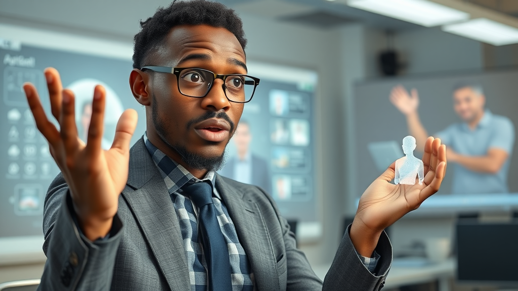 Curious African business student engaging with virtual AI assistant in digital classroom
