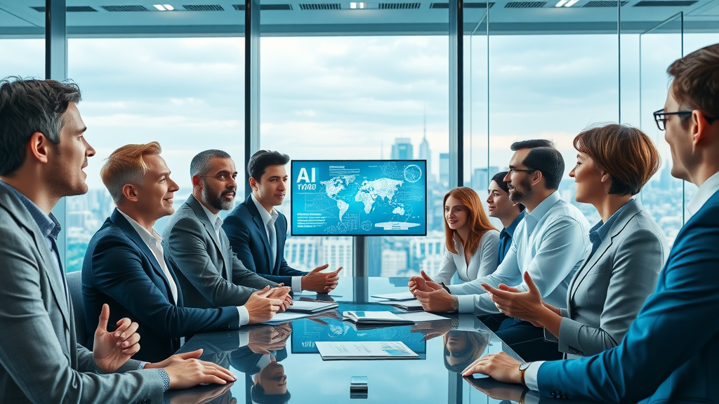 futuristic business conference room with professionals discussing artificial intelligence trends 2025 - smart city skyline in background