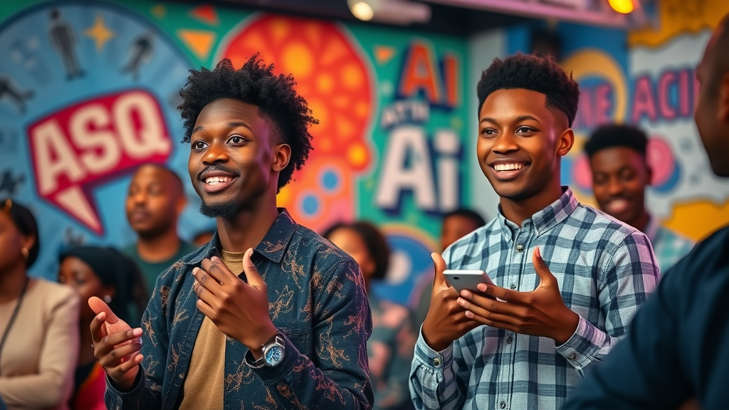 Ambitious African youth presenting AI ideas at startup event representing AI app development africa youth innovation