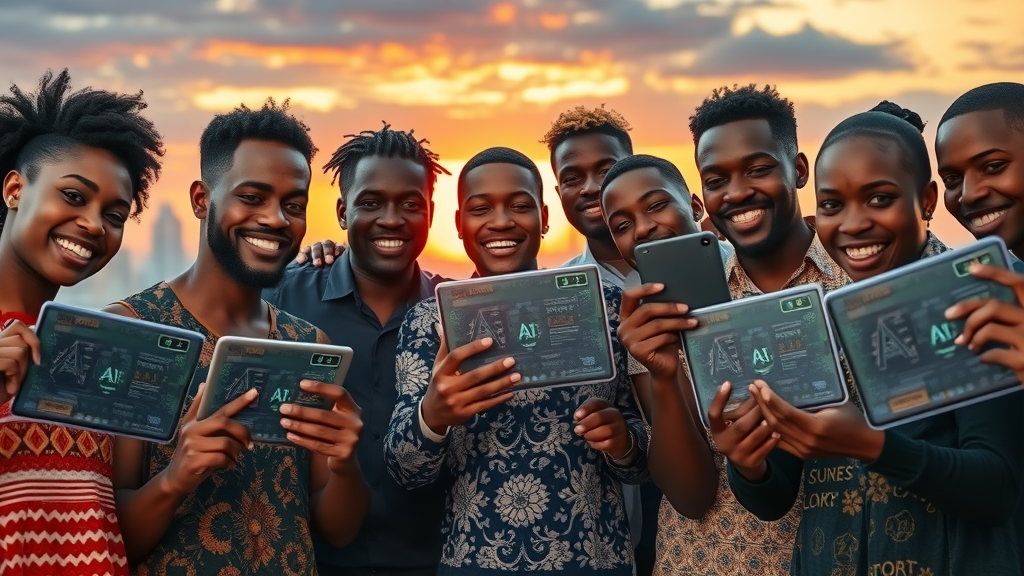 Inspirational African creative collective united around digital devices showcasing AI watermark displays against a city sunset
