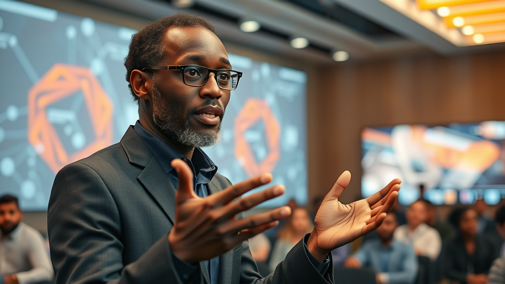 African AI researcher presenting innovative tech at a conference with digital projections