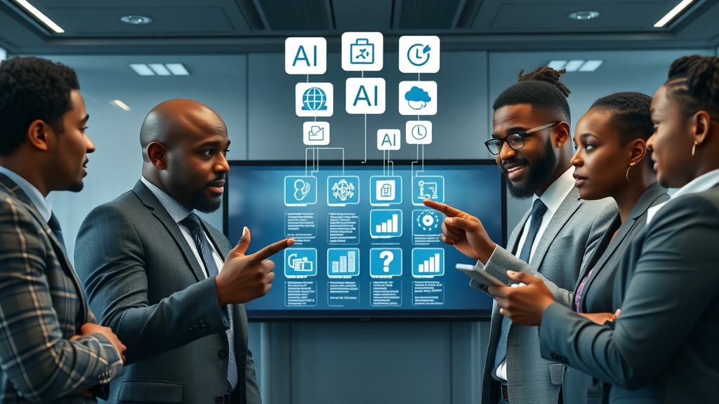 African business professionals discussing AI facts at digital screen