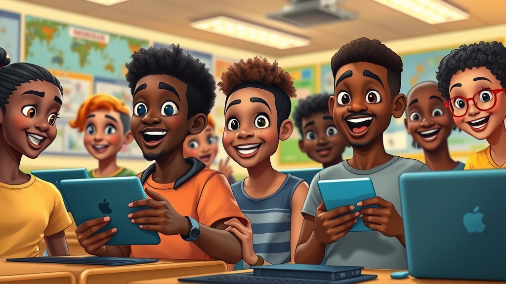 African students learning coding and AI skills in vibrant classroom with interactive tech displays