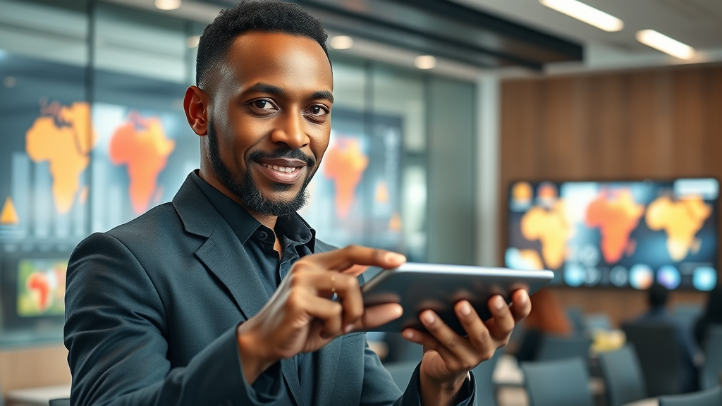Inspirational African tech pioneer presenting visionary technology in a modern conference room—African tech pioneers