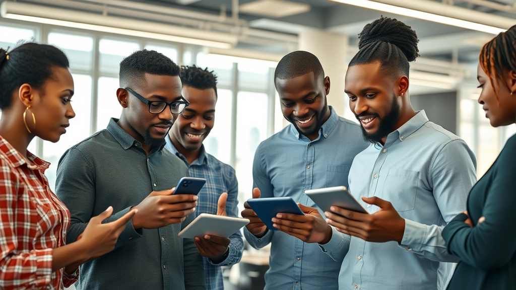technology innovation Africa vibrant African tech startup scene with young entrepreneurs, collaborating with digital devices in a modern workspace