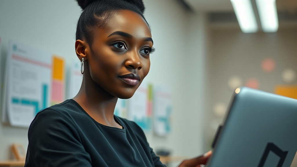 AI ethics in Africa: young woman at digital screen, weighing AI equity in tech environment