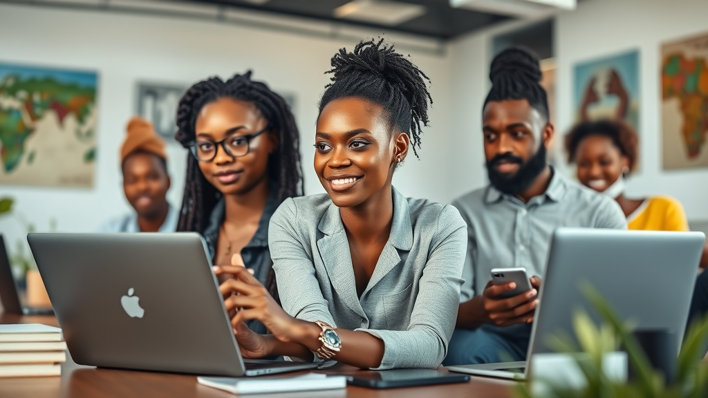 digital transformation Africa young entrepreneurs modern co-working space with laptops and African art