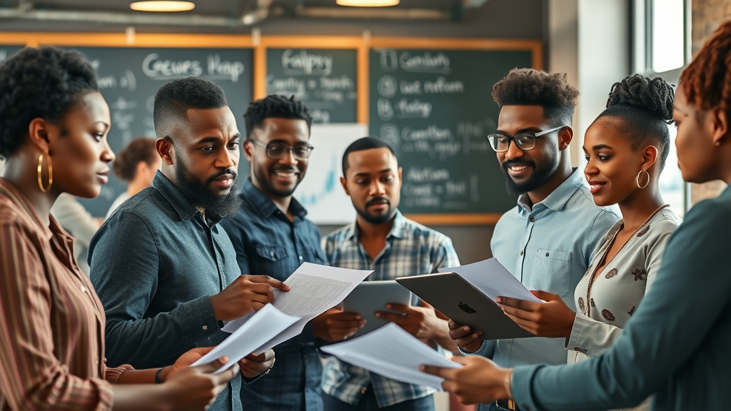 African AI companies, tech innovators collaborating in modern office with African motifs