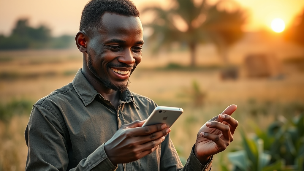 Inspirational African entrepreneur using AI technology in a rural setting symbolizing the promising future of AI in Africa