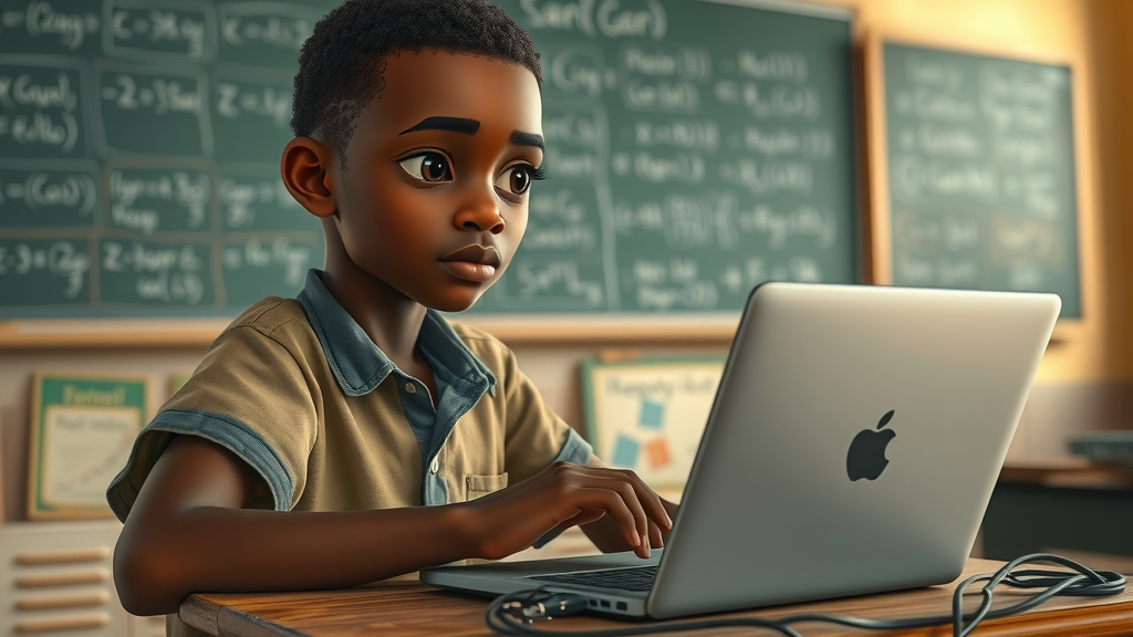 Determined African student with broken laptop in a classroom with limited connectivity illustrating challenges for machine learning Africa