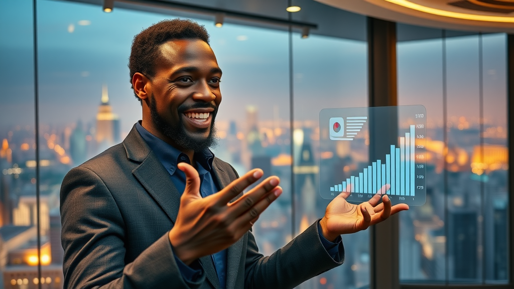 African AI companies, entrepreneur with AI-driven growth presentation to investors in city conference room