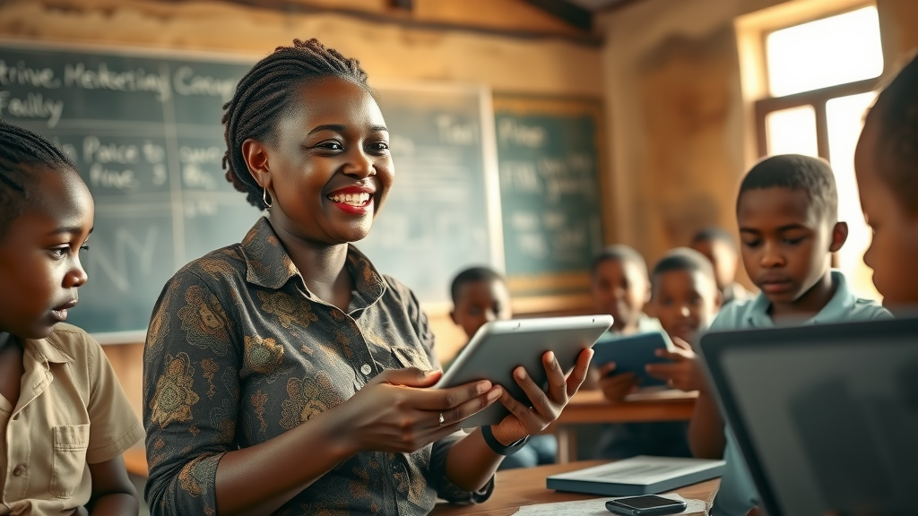 African teacher leading rural AI-powered lesson in classroom