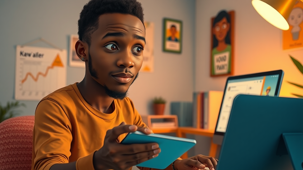 Ambitious African college student watching an online machine learning Africa course in a cozy study room