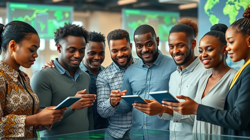 AI Africa Innovators and Technology changemakers collaborating in an African innovation hub with futuristic digital devices and modern green energy accents