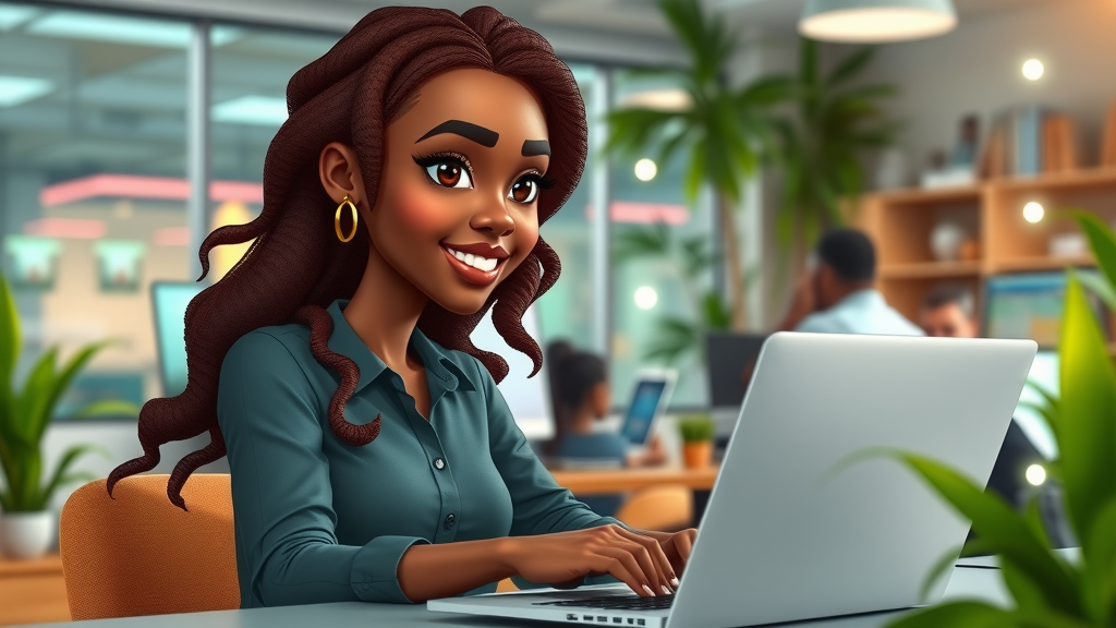 African female AI entrepreneur coding in a coworking tech hub