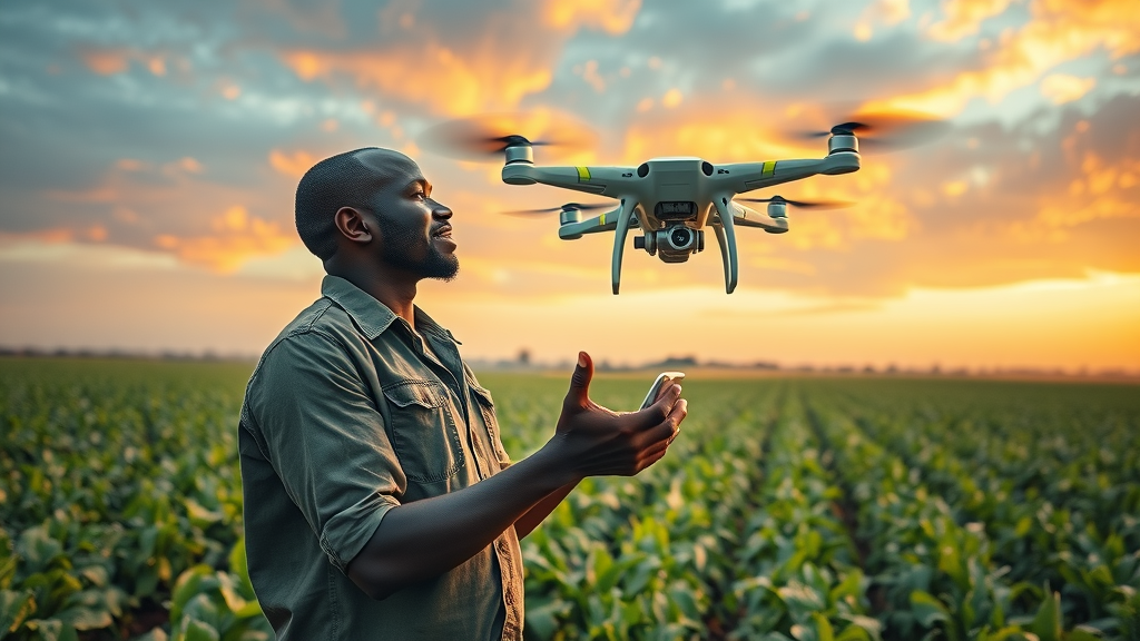 African farmer uses AI-driven drone over green farmlands in Africa, illustrating the positive impact of emerging technologies and artificial intelligence in African agriculture—future of AI in Africa.