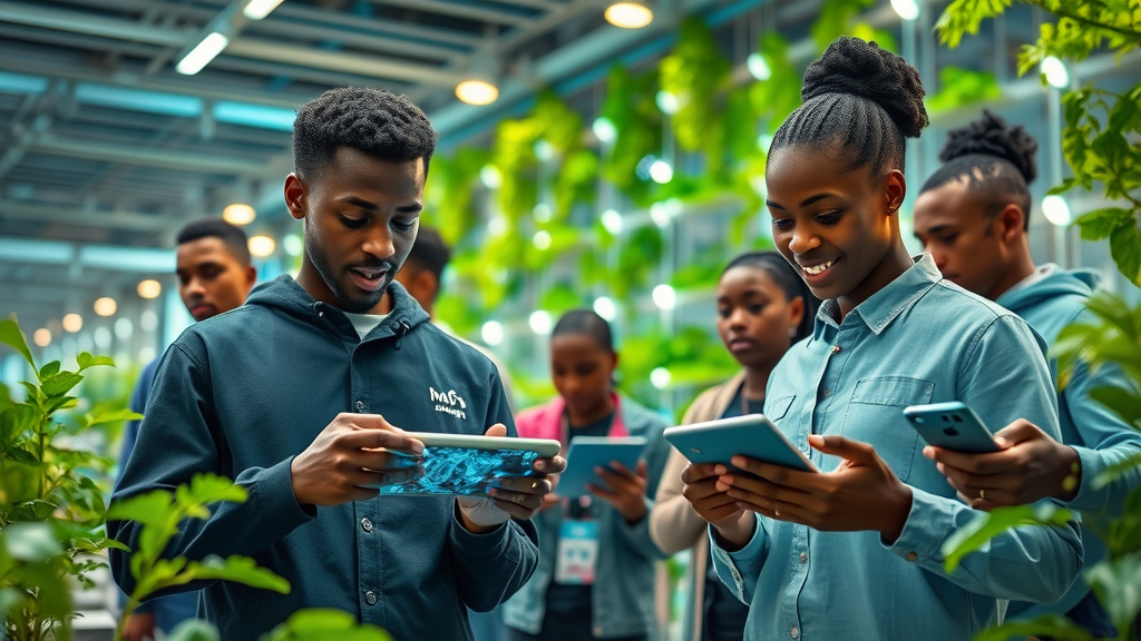 Young African innovators demonstrating fintech and agri-tech prototypes in a futuristic tech hub, future Africa tech ecosystem