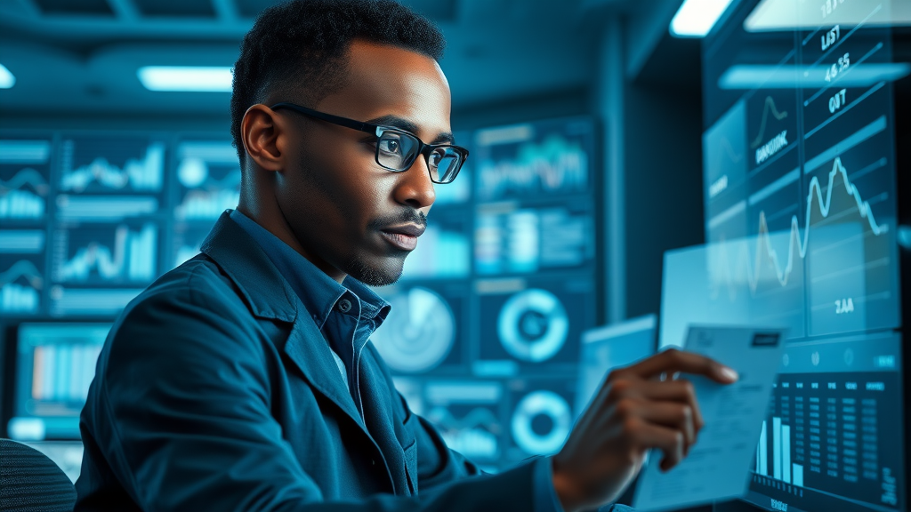 African data scientist analyzing AI data projections in futuristic lab
