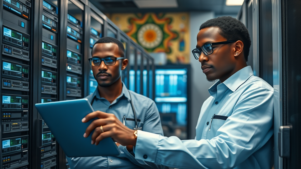Engineers monitoring GPU servers in a modern African data center with African decorative motifs