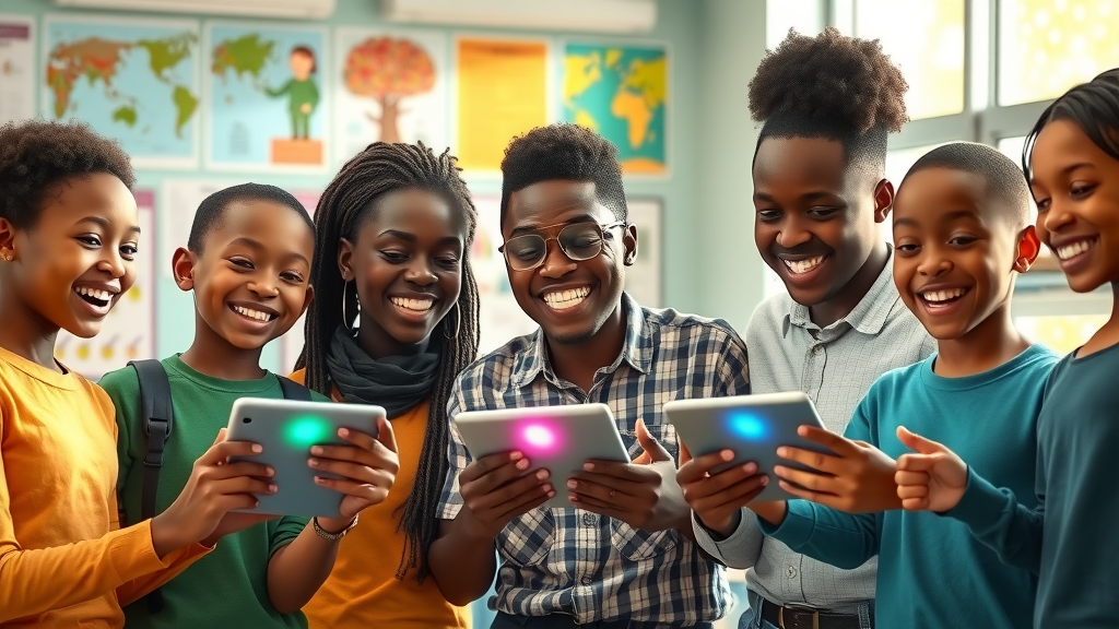 African students and teacher using AI-powered learning tablets in a vibrant classroom