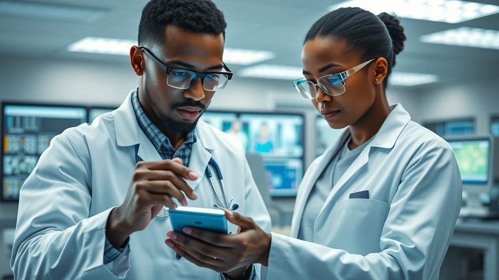 modern African laboratory, researchers, analytical, demonstrating AI-driven health diagnostics, high-tech lab setting in Africa, researchers interacting with touchscreens and medical devices, AI innovation in Africa, cool colors, clinical lighting, 50mm lens