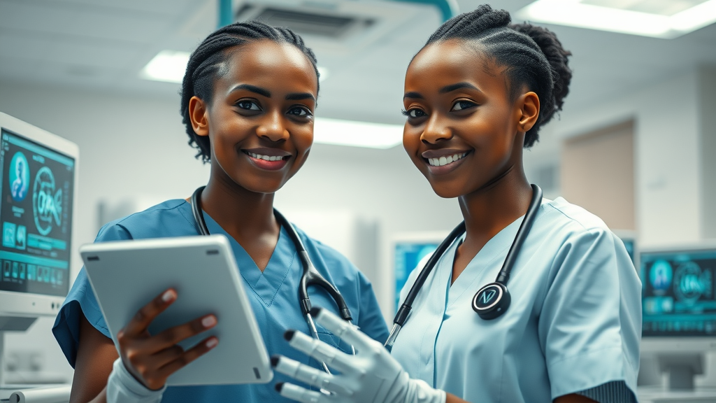 dedicated African nurse and AI technician monitoring AI-powered diagnostic equipment, modern hospital ward with digital health displays and robotic assistants.
