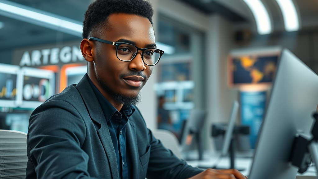 Inspired young African entrepreneur working on AI project in a futuristic tech environment