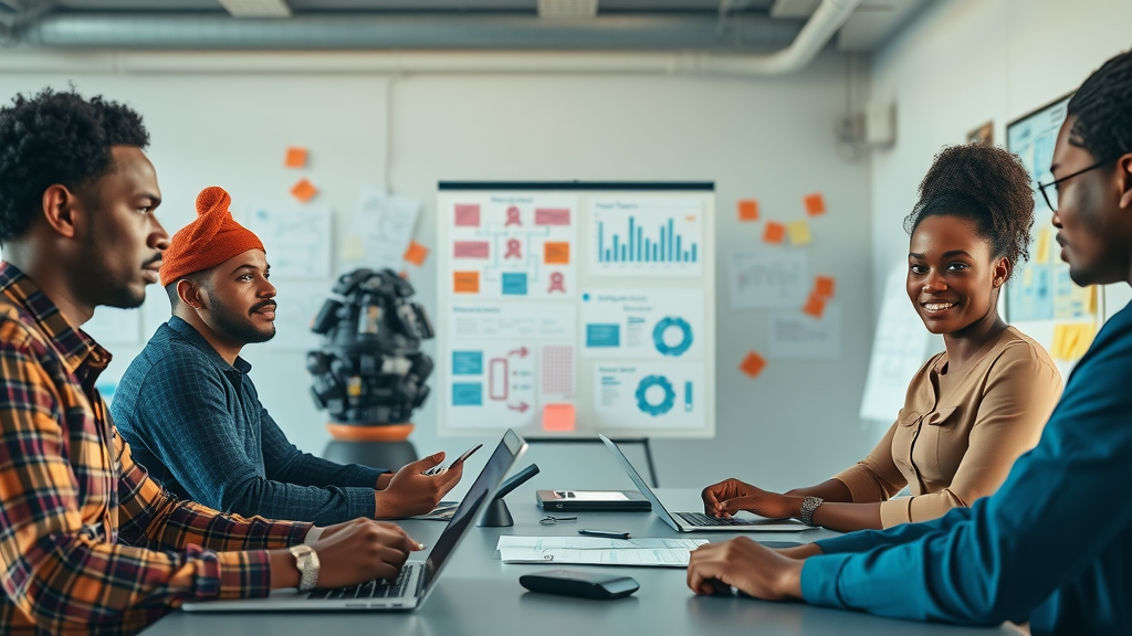 collaborative African panel, brainstorming next AI strategies, open workspace with flipcharts, laptops, post-it notes and flow charts, AI innovation in Africa, blue and orange hues, 50mm lens