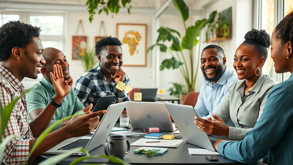 Inspired African startup founders collaborating in a high-energy AI incubator