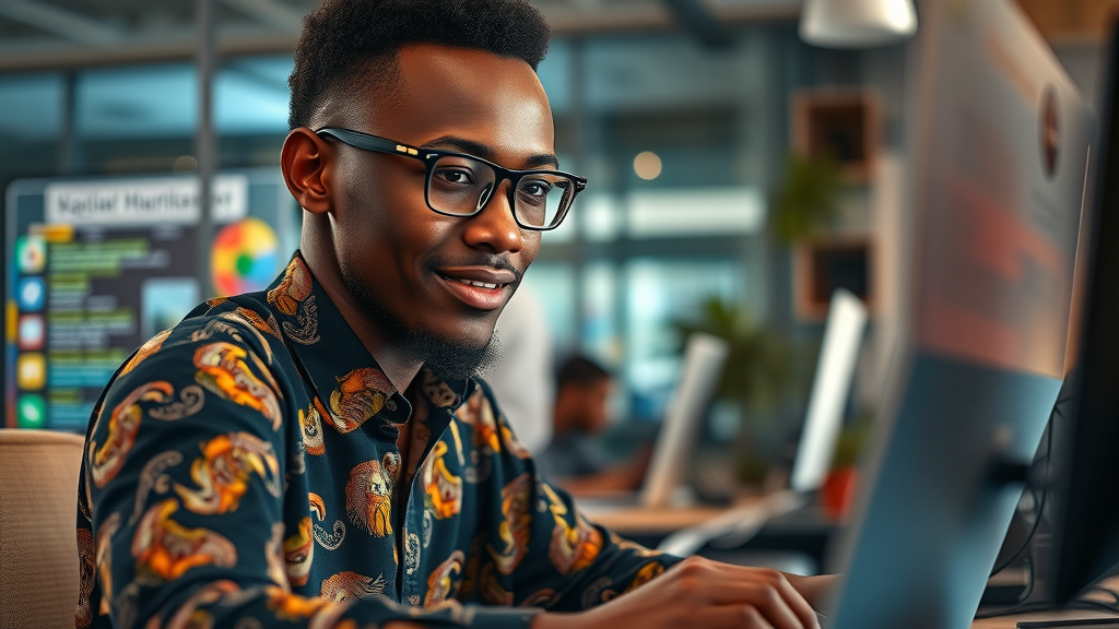 Youth innovation Africa AI - young African developer focused on coding AI software in a tech workspace