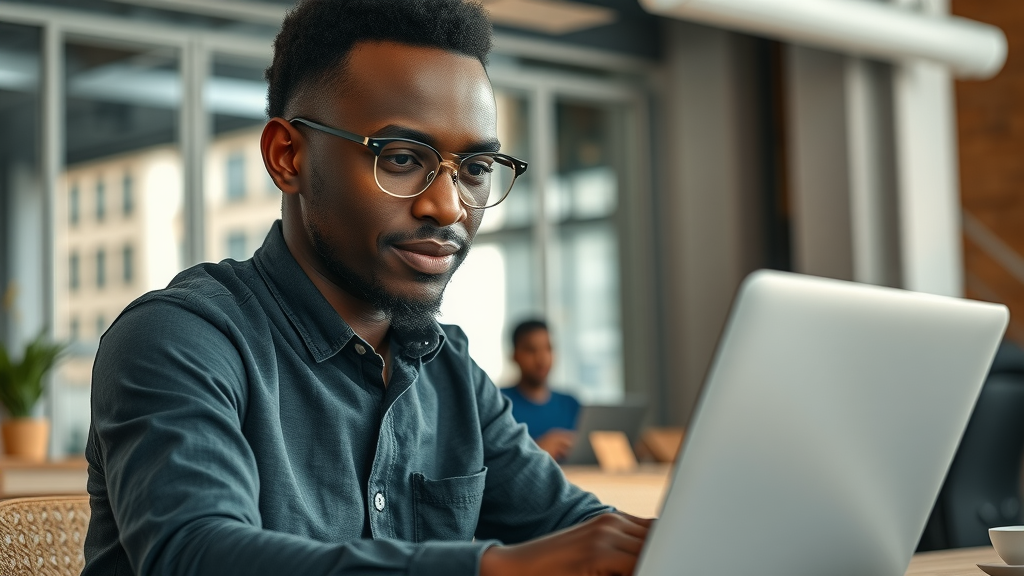 African entrepreneur developing AI software in urban workspace