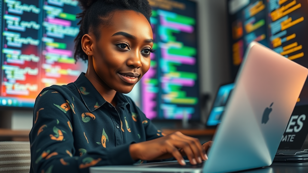 Young African woman focused on coding in a tech hub representing AI changemakers Africa
