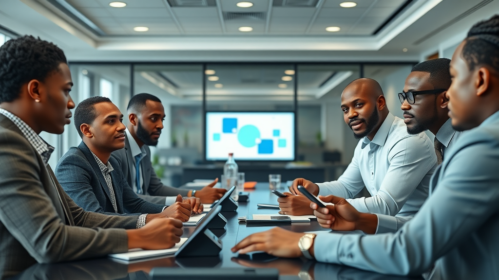 Collaborative African academia-industry meeting, professors, and business leaders reviewing student AI projects