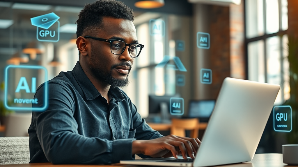 African entrepreneur utilizing rentable AI compute resources Africa through laptop and digital holograms